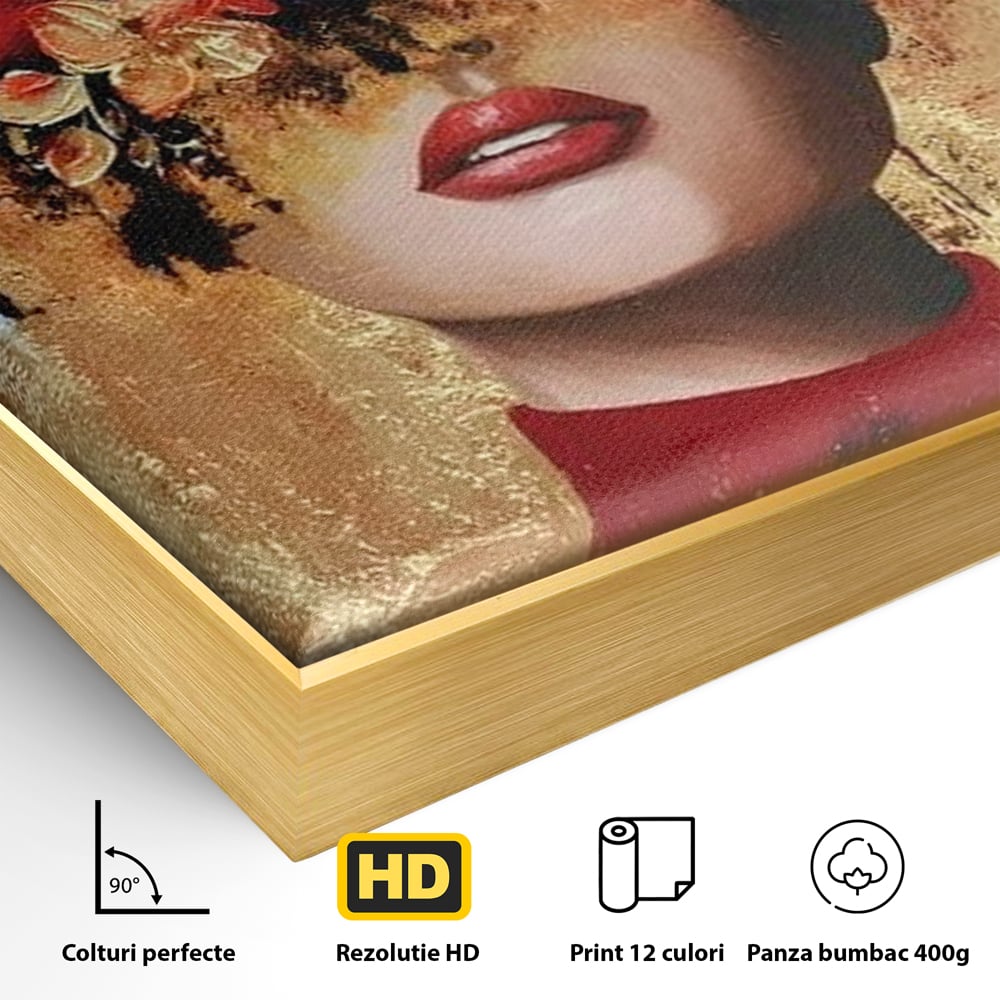 Detaliu al suprafetei: tablou canvas cu portret de femeie si flori rosii, in rama de aluminiu auriu